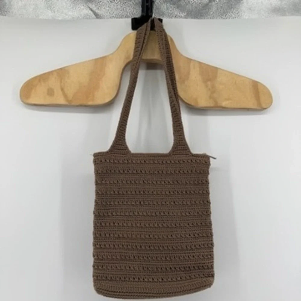 The Sak Brown Crochet Shoulder Bag Zipper Tote Textured Knit Boho Handbag